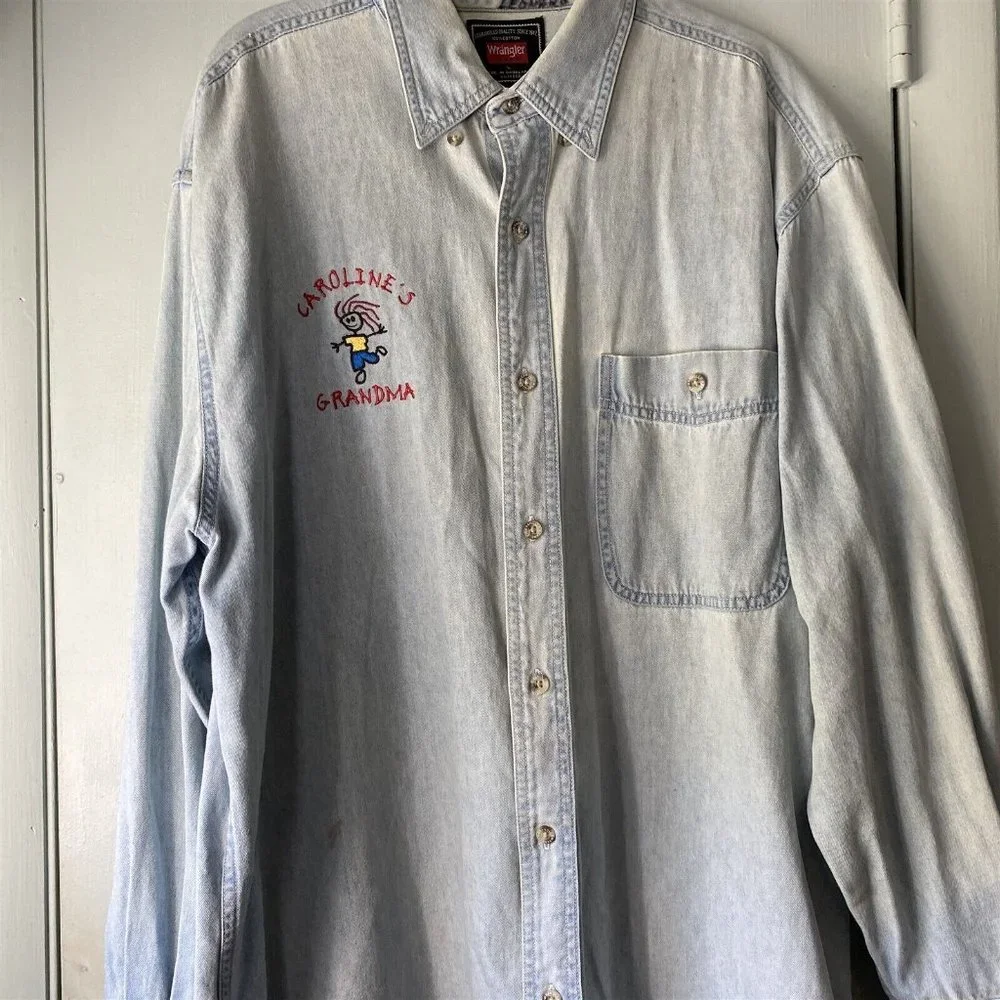 Wrangler Jean Shirt Womens Large Hero Blue faded worn long sleeve Grandma